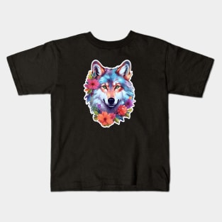 Colorful Wolf With Flowers Kids T-Shirt